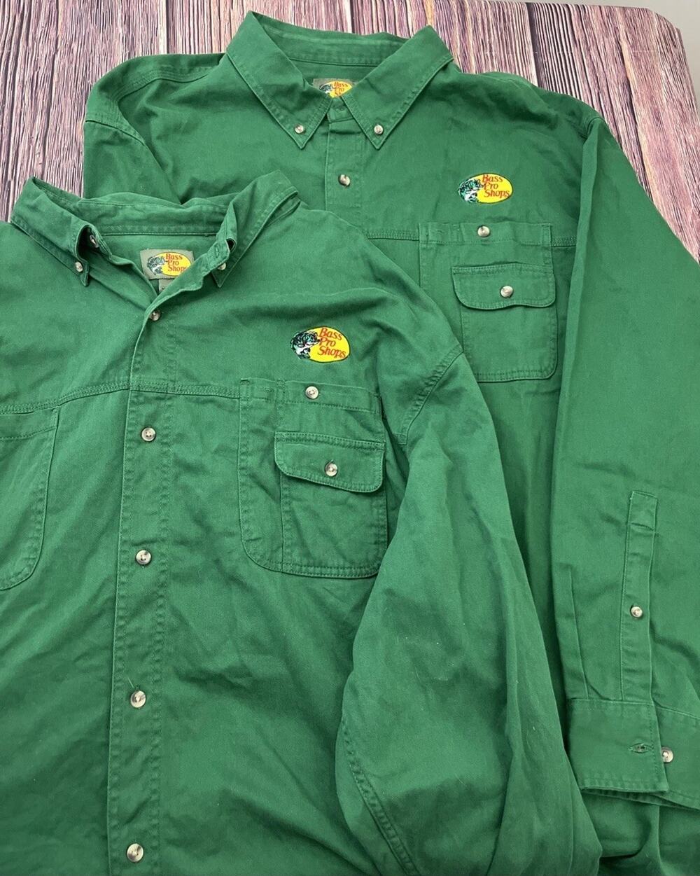 Lot of 2 Bass Pro Shop Shirt Button Long Sleeve Green Heavy Cotton Shirt Sz 4XL
